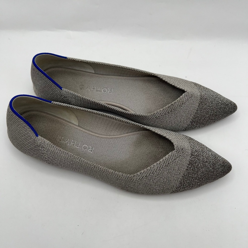 Rothys The Point Metallic Silver Grey Knit Pointed Toe Flats Shoes Womens 9 - Picture 3 of 6